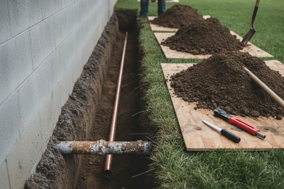 Excavated water line trench during Sewer Line Repair in Reynolds